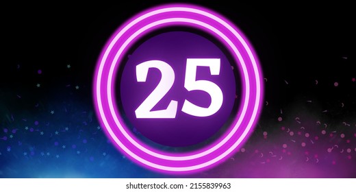 Number 25. Banner with the number twenty five on a black background and blue and purple details with a circle purple in the middle