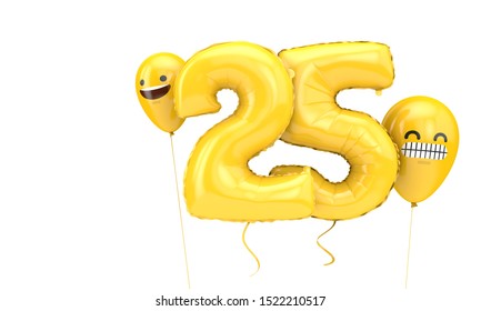 Number 25 birthday ballloon with emoji faces balloons. 3D Render