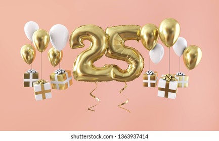 Number 25 birthday celebration gold balloon with presents. 3D Render