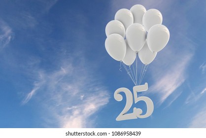 Number 25 party celebration. Number attached to a bunch of white balloons against blue sky
