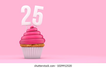 Number 25 pink birthday celebration cupcake. 3D Rendering