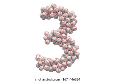 Number 3 From Baseball Balls, 3D Rendering Isolated On White Background