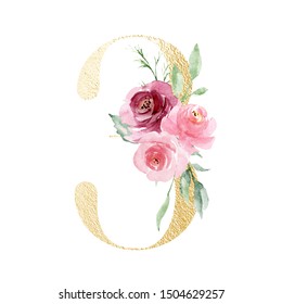 Number 3 gold color with watercolor flowers and leaf. Perfectly for wedding invitations, greeting birthday card, logo, poster and other floral design. Hand painting. Isolated on white background.