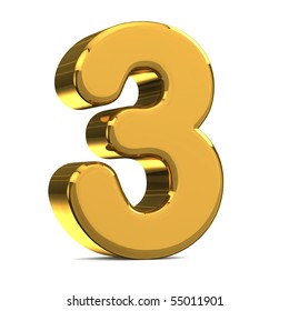 Number 3, in gold metal on a white isolated background