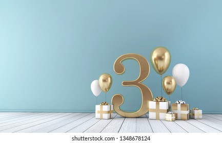 Number 3 party celebration room with gold and white balloons and gift boxes. 3D Rendering - Powered by Shutterstock