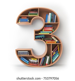 Number 3 three. Alphabet in the form of shelves with books isolated on white. 3d illustration