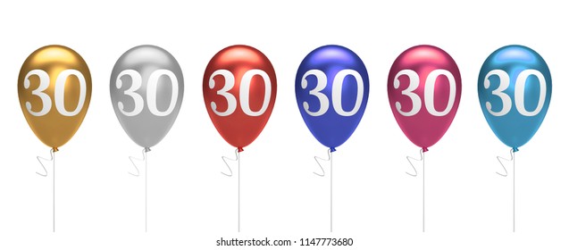 Number 30 Birthday Balloons Collection Gold, Silver, Red, Blue, Pink. 3D Rendering