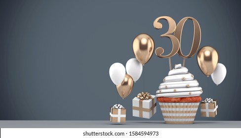 Number 30 gold birthday cupcake with balloons and gifts. 3D Render - Powered by Shutterstock