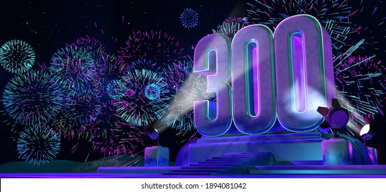 Number 300 solid and thick shape on a purple pedestal with the appearance of a monument illuminated by 4 reflectors at night with fireworks blue, magenta, cyan color on starry night. 3d illustration