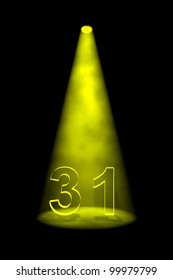 Number 31 illuminated with yellow spotlight on black background