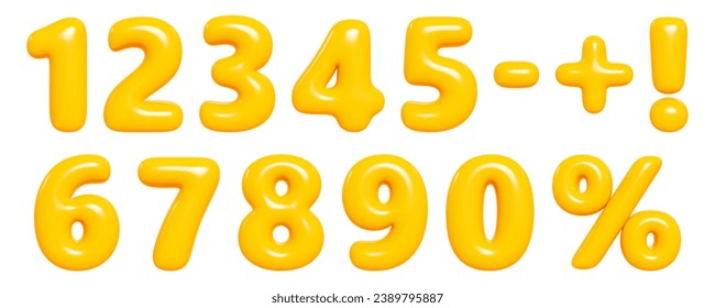 Number 3d set. Render illustration of cartoon yellow glossy inflatable balloon numbers and sign of percentage, plus and minus, exclamation mark for creating sale or congratulation. 3D Illustration