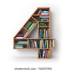 Number 4 Four. Alphabet In The Form Of Shelves With Books Isolated On White. 3d Illustration