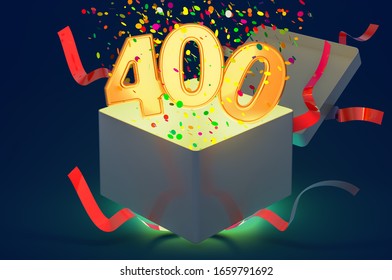 Number 400 inside gift box with confetti and shiny light, 3D rendering on dark blue background