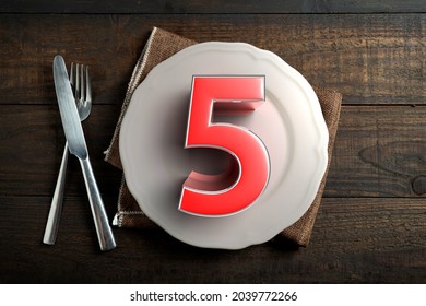 The number 5 3D illustration is placed on a plate.5 food groups.