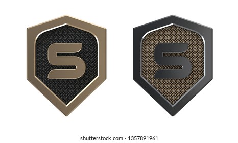 Number 5, Metal Shield Logo With Grid. 3D Illustration.