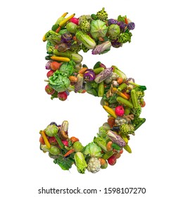 Number 5 from vegetables, 3D rendering isolated on white background