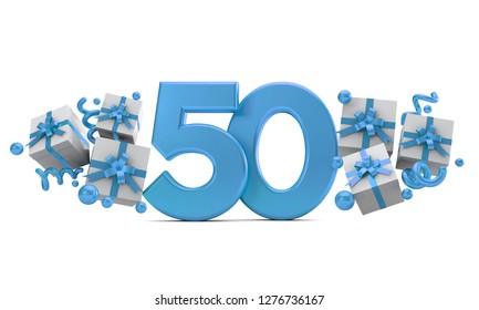 Number 50 blue birthday celebration number with gift boxes. 3D Rendering - Powered by Shutterstock