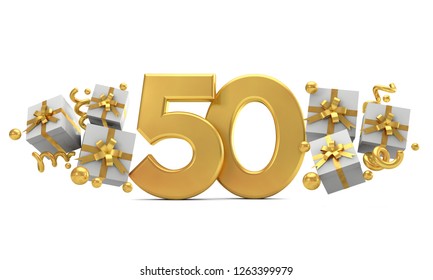 Number 50 gold birthday celebration number with gift boxes. 3D Rendering - Powered by Shutterstock