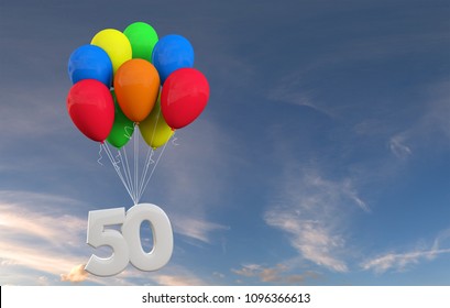 Number 50 party celebration. Number attached to a bunch of balloons. 3D Rendering - Powered by Shutterstock