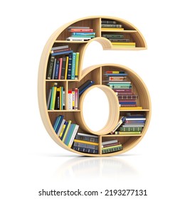 Number 6 Six In Form Of Bookshelf With Book And Texbooks. Educational And Learning Conceptual Font And Alphabet. 3d Illustration