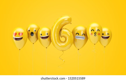 Number 6 yellow birthday emoji faces balloons. 3D Render