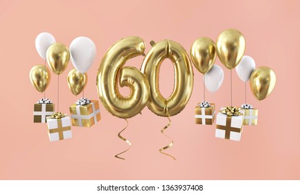 Number 60 birthday celebration gold balloon with presents. 3D Render - Powered by Shutterstock