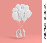 Number 60 party celebration. Number attached to a bunch of white balloons