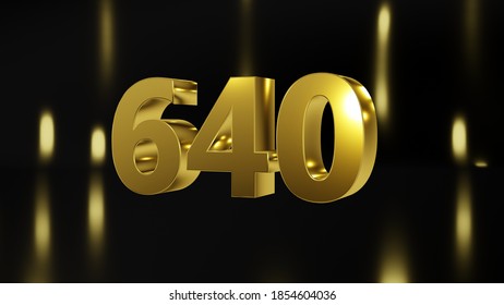 Number 640 in gold on black and gold background, isolated number 3d render