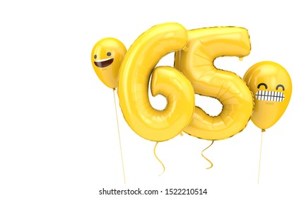 Number 65 birthday ballloon with emoji faces balloons. 3D Render