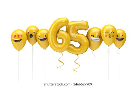 Number 65 yellow birthday emoji faces balloons. 3D Render