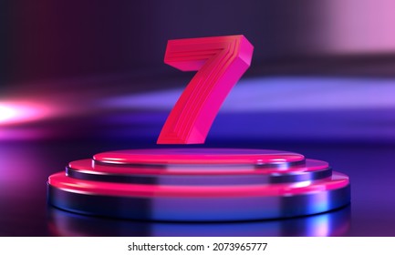 Number 7 above triple neon purple pink pedestal with neon purple background by 3D Rendering

