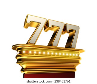 Number 777 on a golden platform with brilliant lights over white background