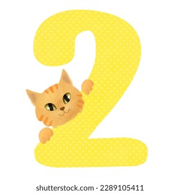 Number animal  Yellow number 2 (two) and cute cat head   paws  Isolated white background  Baby birthday card  invitation  
