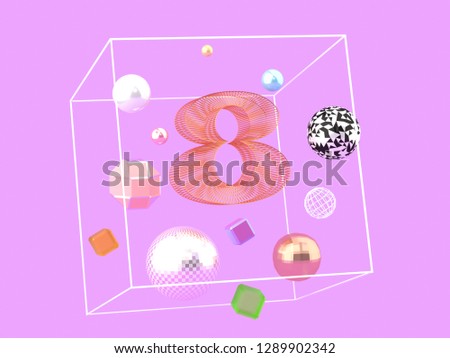 Number eight and geometric forms of different materials on violet background 3D illustration. Concept of international woman day or 8th birthday