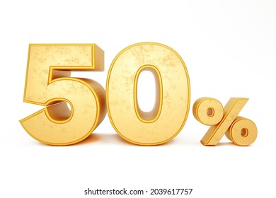 The Number Fifty Percent Is In Gold - The Number 50% Is 3D Illustrator And Render, Used For Graphic Banner Design Layouts, Posters, Wallpapers