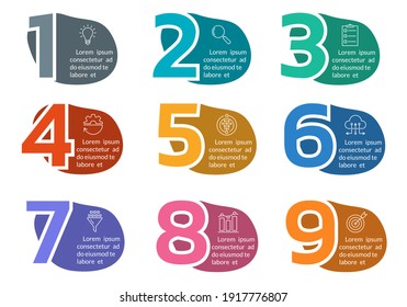 Number infographic design with abstract shapes, fluid geometric elements. Timeline, steps or option info graphic with business icons. Flow chart, layout, workflow template. 