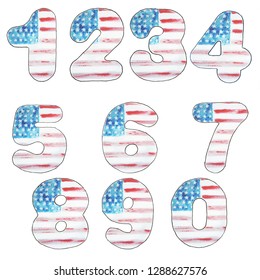 Number Letter And Figures The American Flag Watercolor , Typography On Independence Day, USA, Patriotism, The Concept Of Memorial Day. Watercolor Sketch.