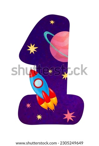 Number one (1). Space theme. Colorful children hand drawn illustration. Isolated on white background. For education, birthday greeting card, party invitation design.