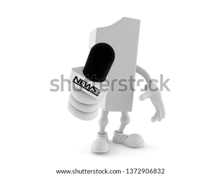 Number one character holding interview microphone isolated on white background. 3d illustration