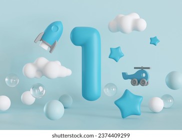 Number one on blue background, with rocket, clouds and stars. 1 Year Old. First Birthday Celebration. Boys party. Baby boy celebrates. Special event. Greetings Card. 3D Render. 3D Illustration - Powered by Shutterstock