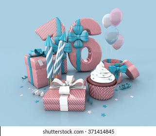 Number Sixteen, 16, Decorated With Ribbon, Birthday Cupcake, Rockets, and Wrap Gifts. Birthday Concept Invitation. 3d render Illustration Isolated On Blue Background - Powered by Shutterstock