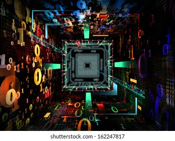 Number Tunnel series. Artistic background made of CPU chip, colorful numbers and fractal elements in perspective for use with projects on computers, mathematics, science and education