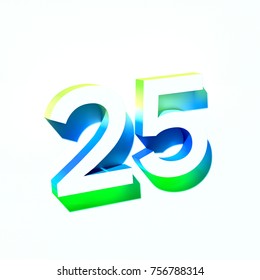 Number twenty five 25 of blue and light green color with colorful abstract gradient shadow. 3d render of medium  font number isolated on light background