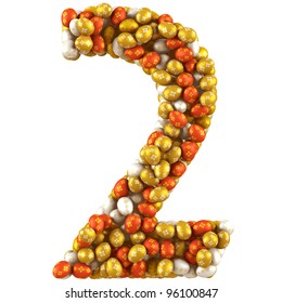 Number two made of Easter Eggs. Isolated on white. 3d render
