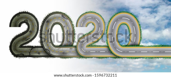 The numbers\
2020 are joined together as one continuous divided highway getting\
better and better. 3D\
Illustration