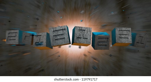 Numbers in cubes throwed by explosion.Colored and blurred background.