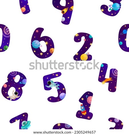 Numbers seamless pattern. 0 to 9 numbers in space theme. Universe, planets, stars, astronaut, rocket, comet, celestial bodies.