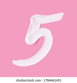 Numeral 5. Cosmetic White Cream Smeared Number Five Paint Stroke Isolated On Pink Background. 3d Rendering