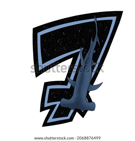 Numeral 7 is part of the digits creative set. Black-white figure with abstraction blue striped sea hammerhead shark. Hand drawn lettering illustration for design, interior, print, typography.