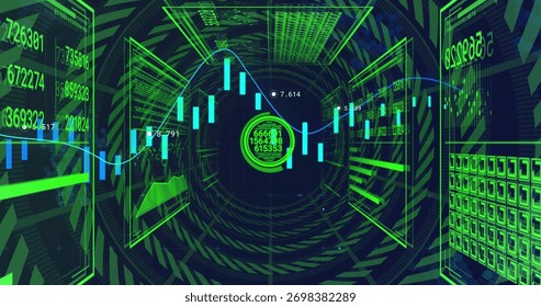 Numeric hologram projecting candlestick chart and line graph in VR tunnel, with wireframe panels. Futuristic, digital, immersive, data visualization, cyberspace, technology, abstract